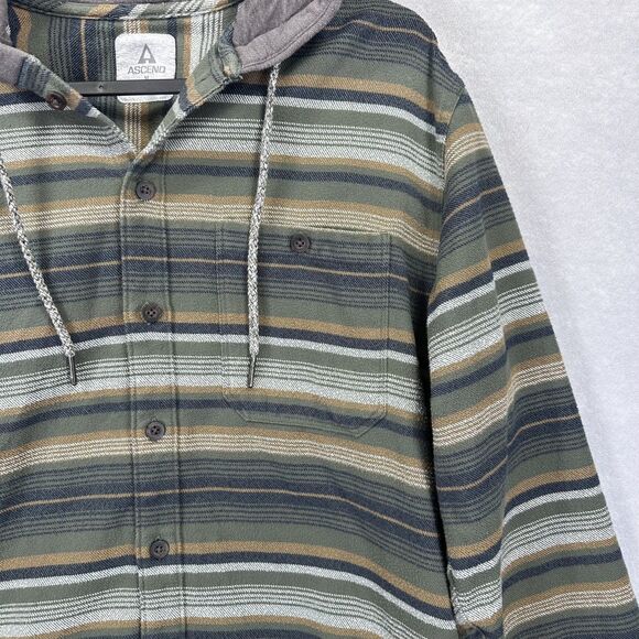 ASCEND Mens Medium Long Sleeve Hooded Shirt Jacket Shacket Green Black Stripe - Picture 10 of 12